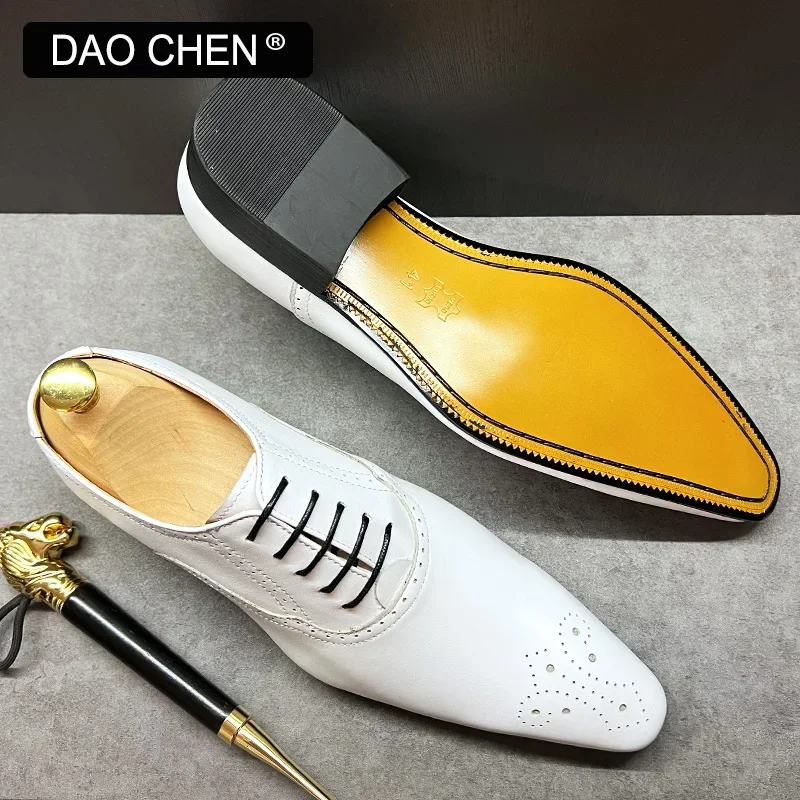 Zapatos de OXFORD italianos para hombre, vestido de lujo con cordones en BROGUE blanco y negro, zapatos de boda de negocios para oficina para