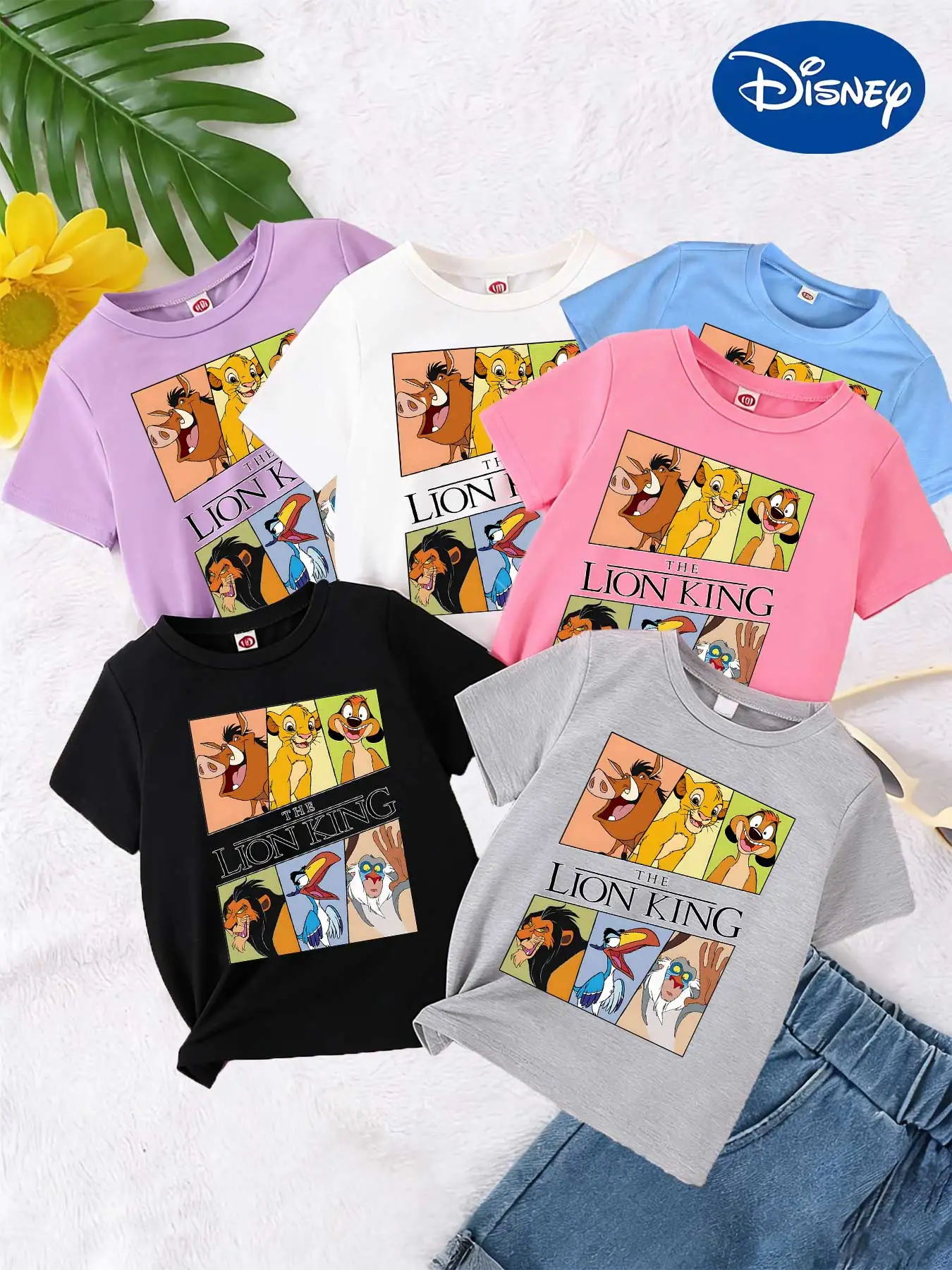 Camisetas holgadas de verano para niños y niñas con diseño de personajes de la película del Rey León de Disney, de seis paneles, con dibujos animados y manga corta