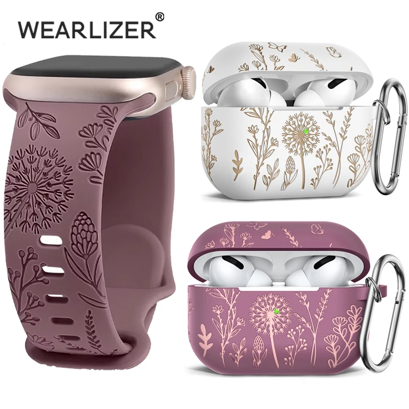 Wearlizer Dandelion Engraved Floral Band for Apple Watch Band 41mm 40mm 38mm Women Silicone Strap for iWatch 9/8/7/SE/6/5/4/3