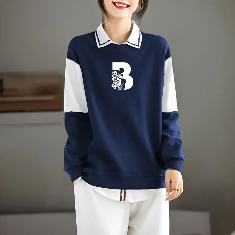 Women's Temperament Splicing Top Retro Loose Pullover Pure Cotton Fashion Autumn Winter Contrasting Color Sweatshirt #5