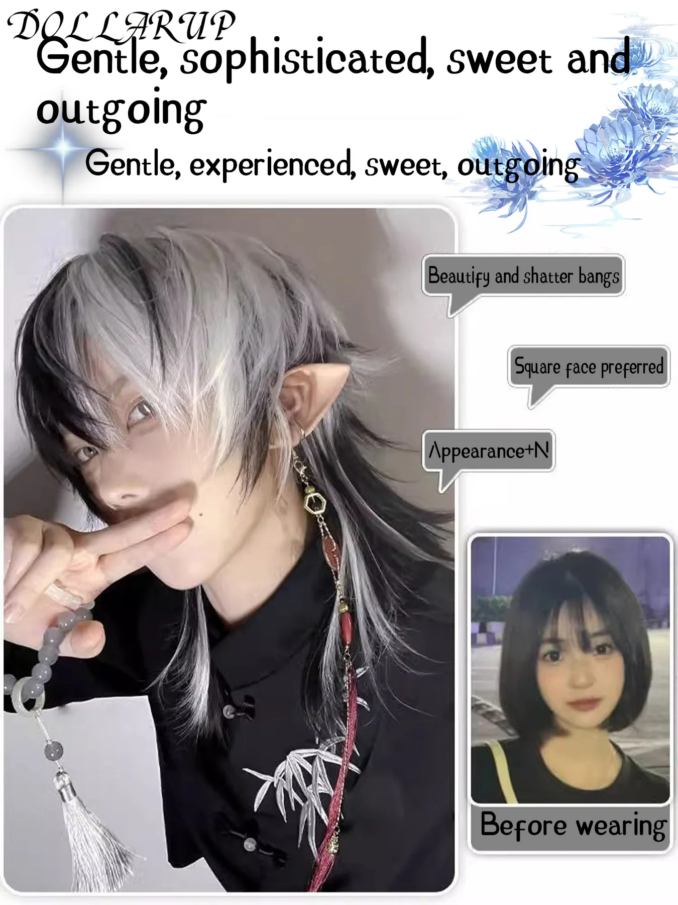 DOLLARUP Short Mullet Head Wigs with Bangs Synthetic Straight Anime Men Black White Gray Green Hair Wig for Daily Party Cosplay