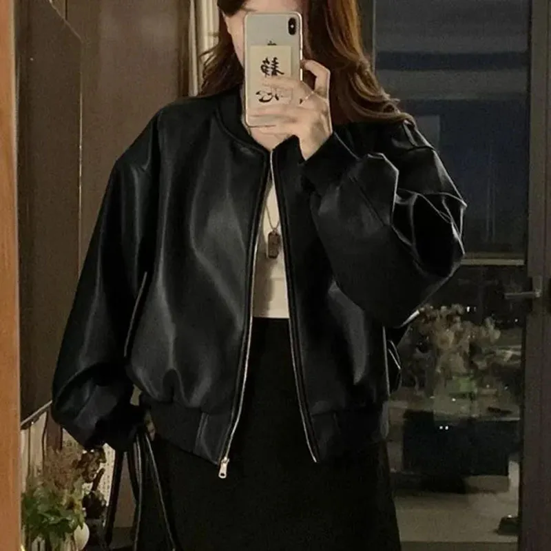 Retro Women's Motorcycle Style Leather Coat 2026 Spring New Female Loose Casual Jacket Student Simple Baseball Collar Overwear
