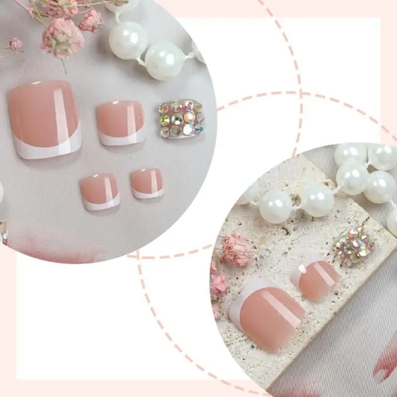 G99E 24pcs Short Square Press On Toenails Glitters Rhinestones Design False Toenail