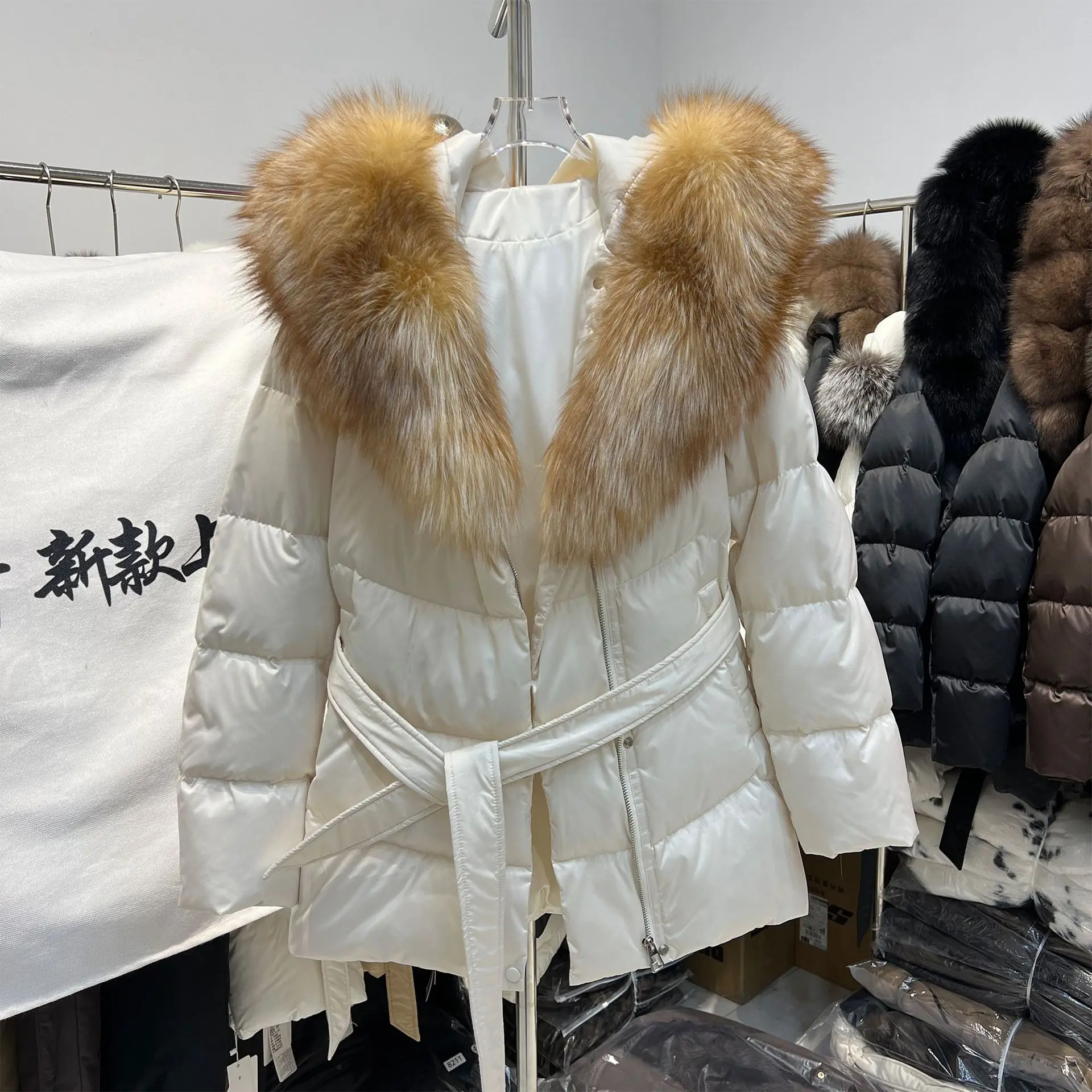 European Station Fox Fur Big Fur Collar White Duck Down Jacket Women's Waist Lace-up Loose Versatile Warm Jacket