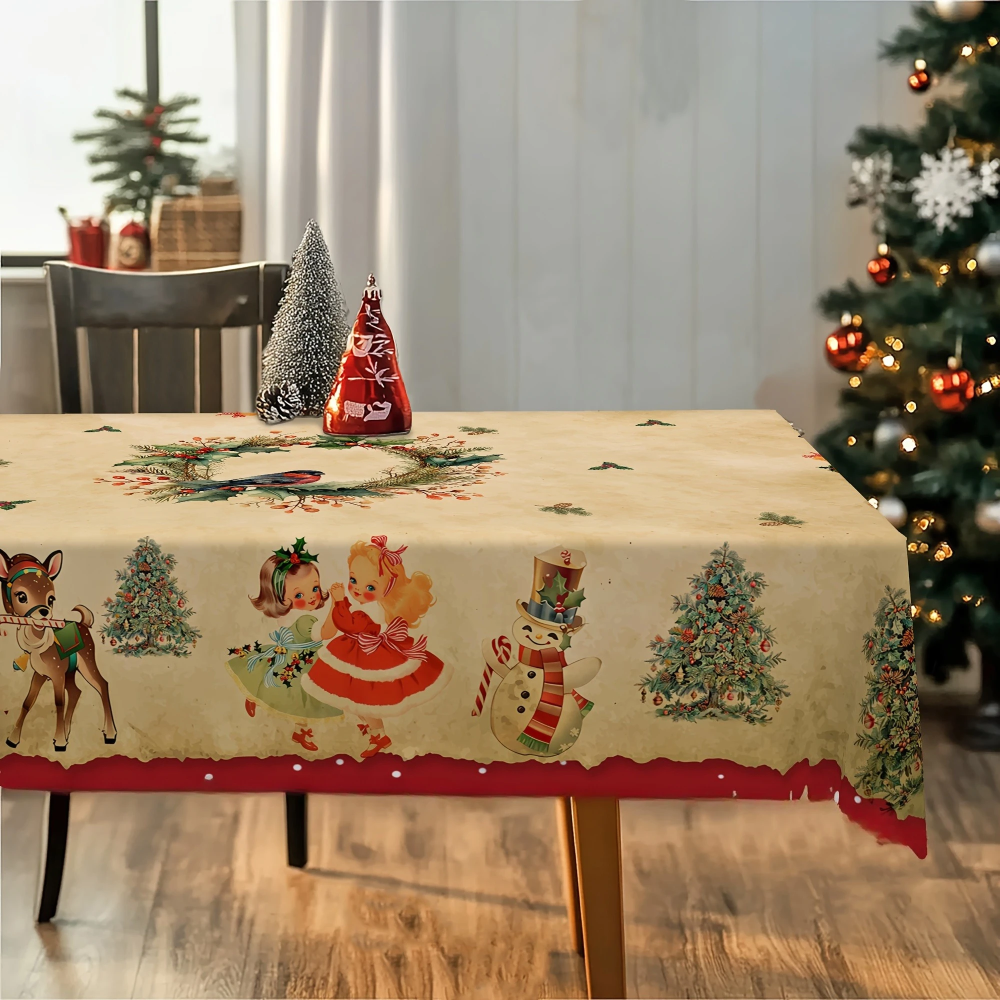 Christmas Dancing Girl Snowman Reindeer Waterproof Tablecloth Table Decor Winter Kitchen Dining Tablecloth Christmas Decoraitons