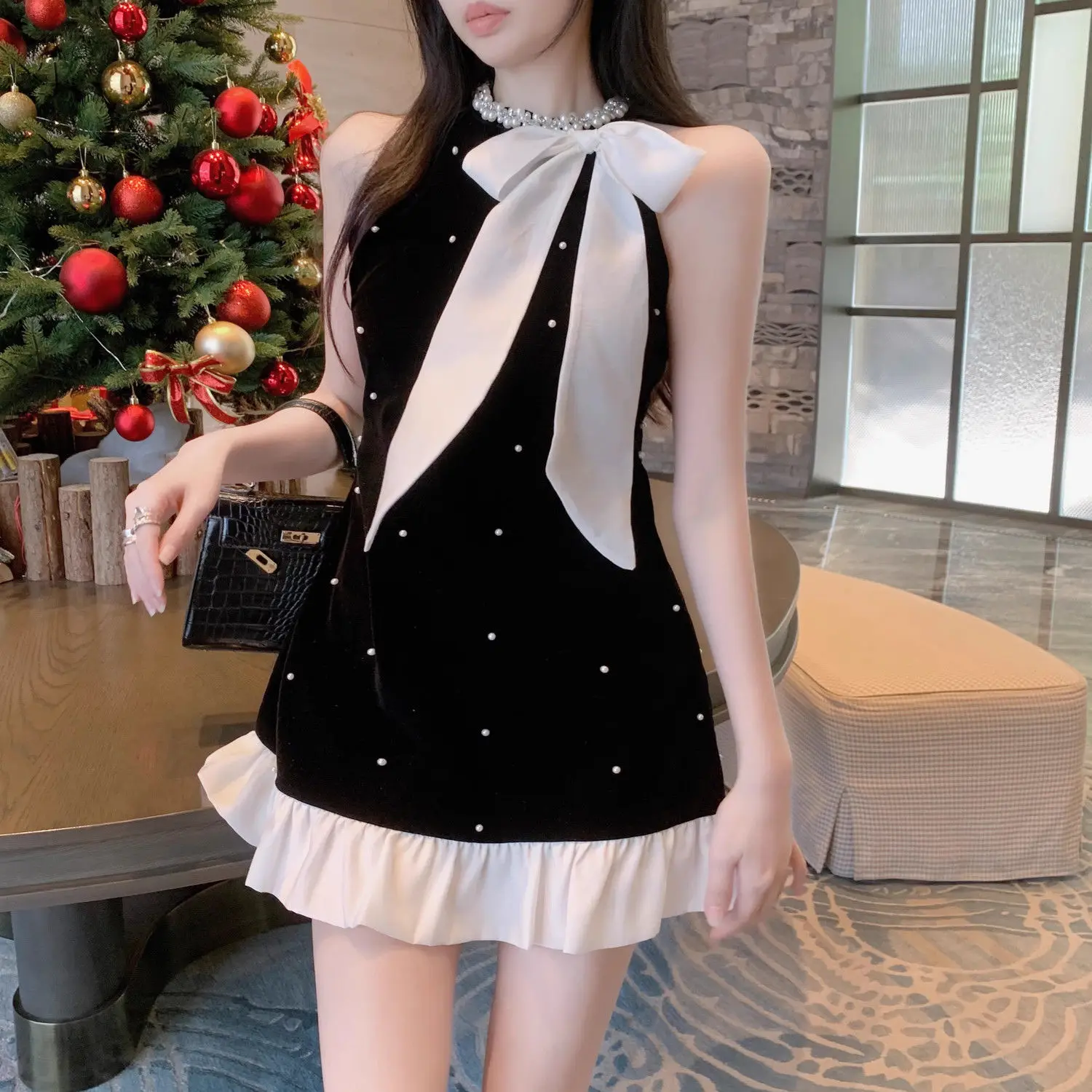 Black Bowknot Halter Neck Loose Dress for Women Spring Summer A-Line Dress with Beaded Elegant Evening Dress