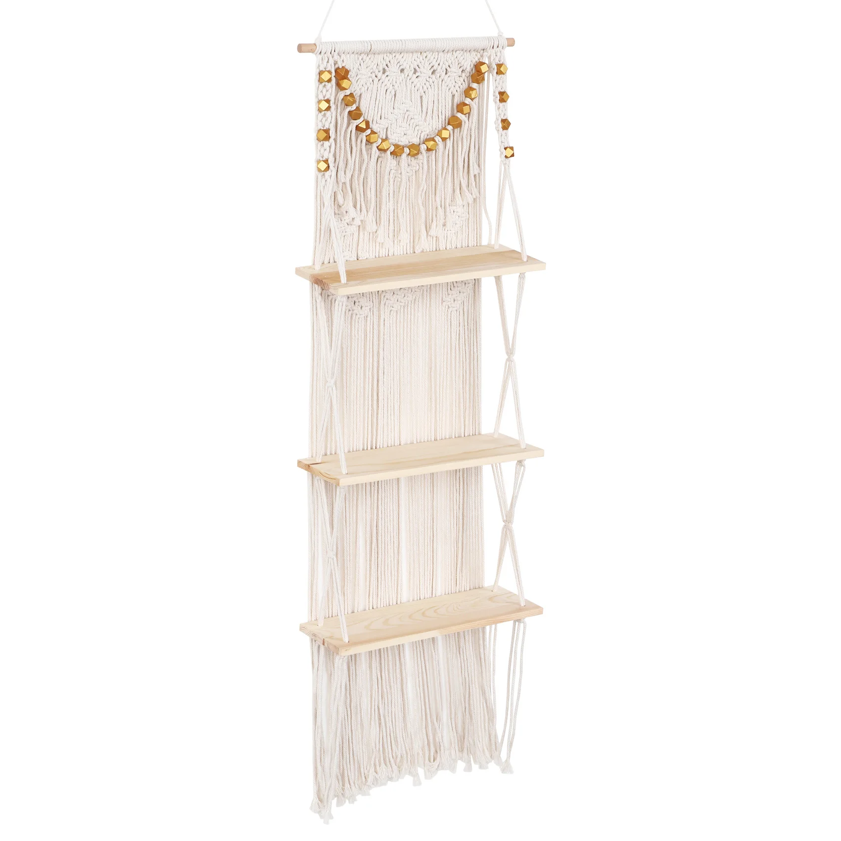 Macrame Wall Hanging 3-Tier Floating Wall Shelves for Bedroom, Bathroom, Nursery, Boho Wall Decor Shelves for Plant Pot