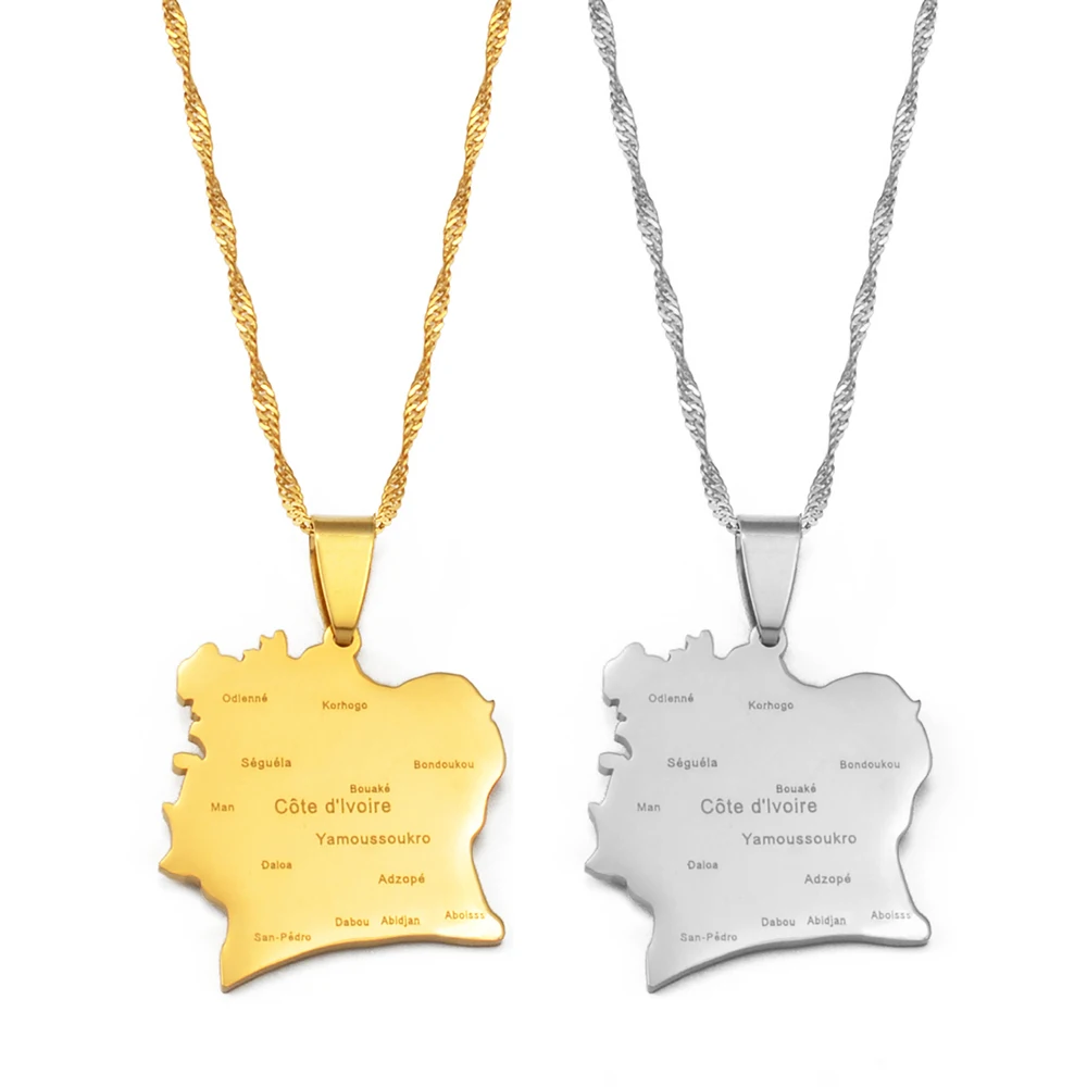 Anniyo COTE D IVOIRE Map With City Pendant Necklaces Ivory Coast Country Map Jewelry @245321