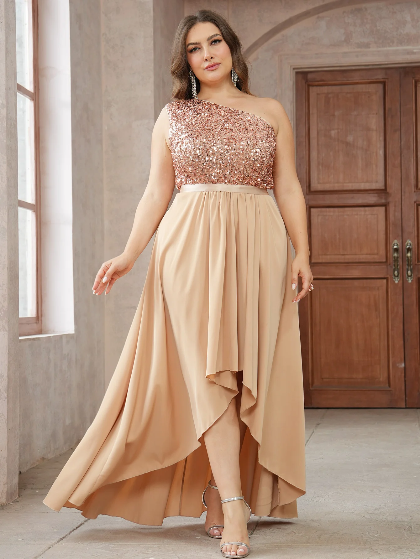 Women Plus Size Dress With Slanted Collar Sleeveless Sequins Loose Party Dress Stylish And Elegant Solid Color Dresses