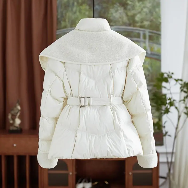 European double-necked down cotton-padded women's short 2025 winter new fashion lamb wool warm casual and thin coat