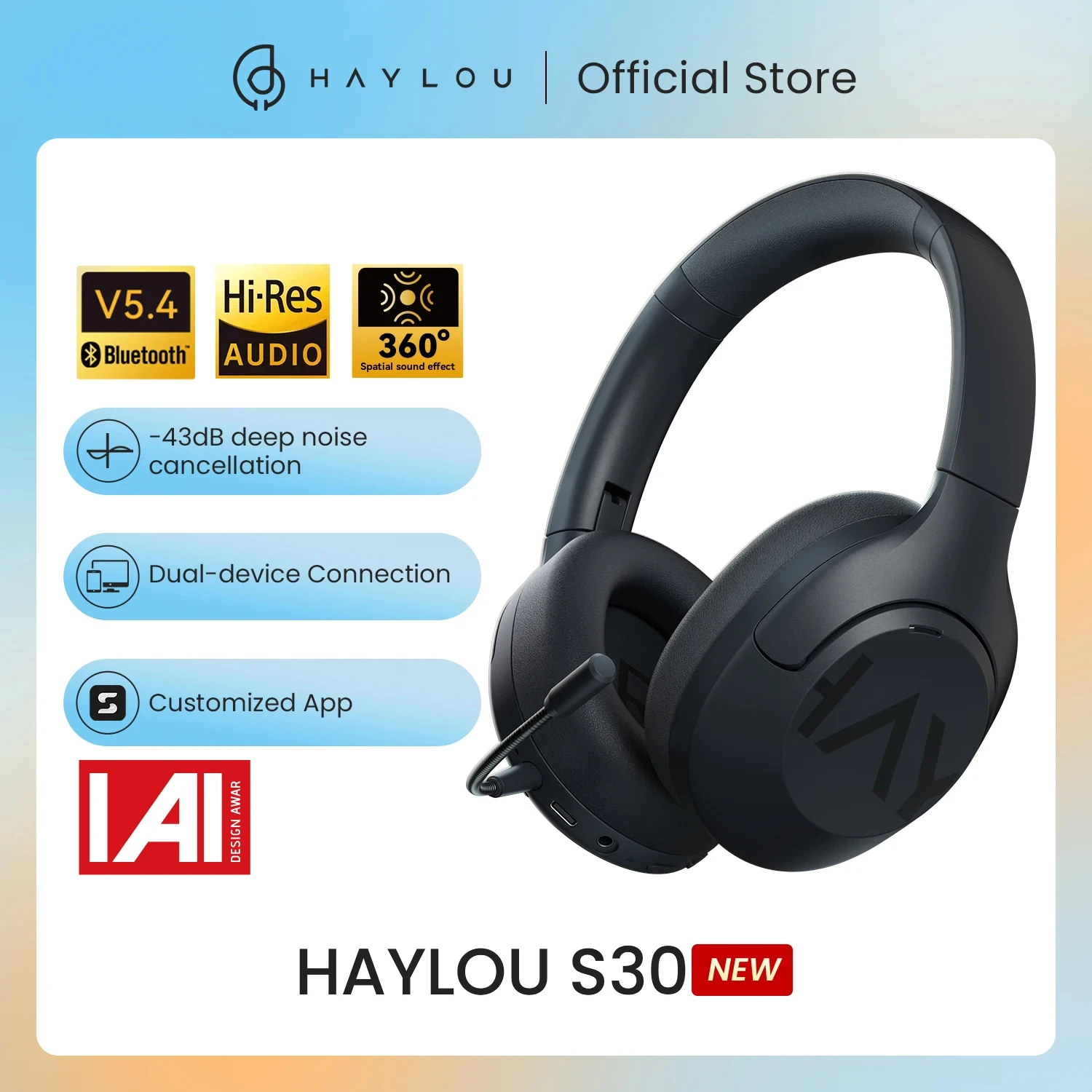 HAYLOU S30 bezprzewodowe słuchawki Bluetooth 5.4 z mikrofonem zestawy słuchawkowe z redukcją szumów Hi-Res Audio 43dB aktywny sterownik 40mm słuchawki