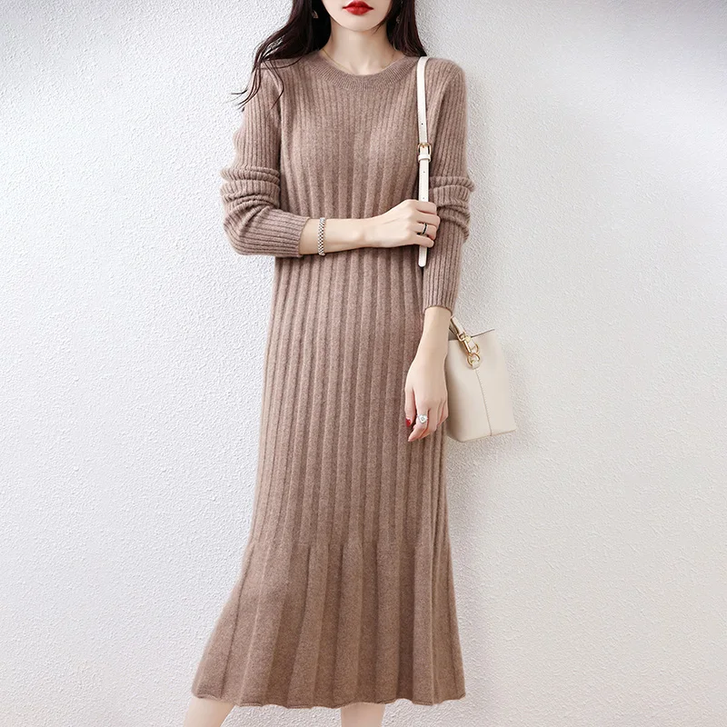 O-neck Women Loose Strip Dresses Longer 100% Wool Knitted Jumpers 2023 New Fashion Winter Female Mid-calf Soft Cashmere Pullover