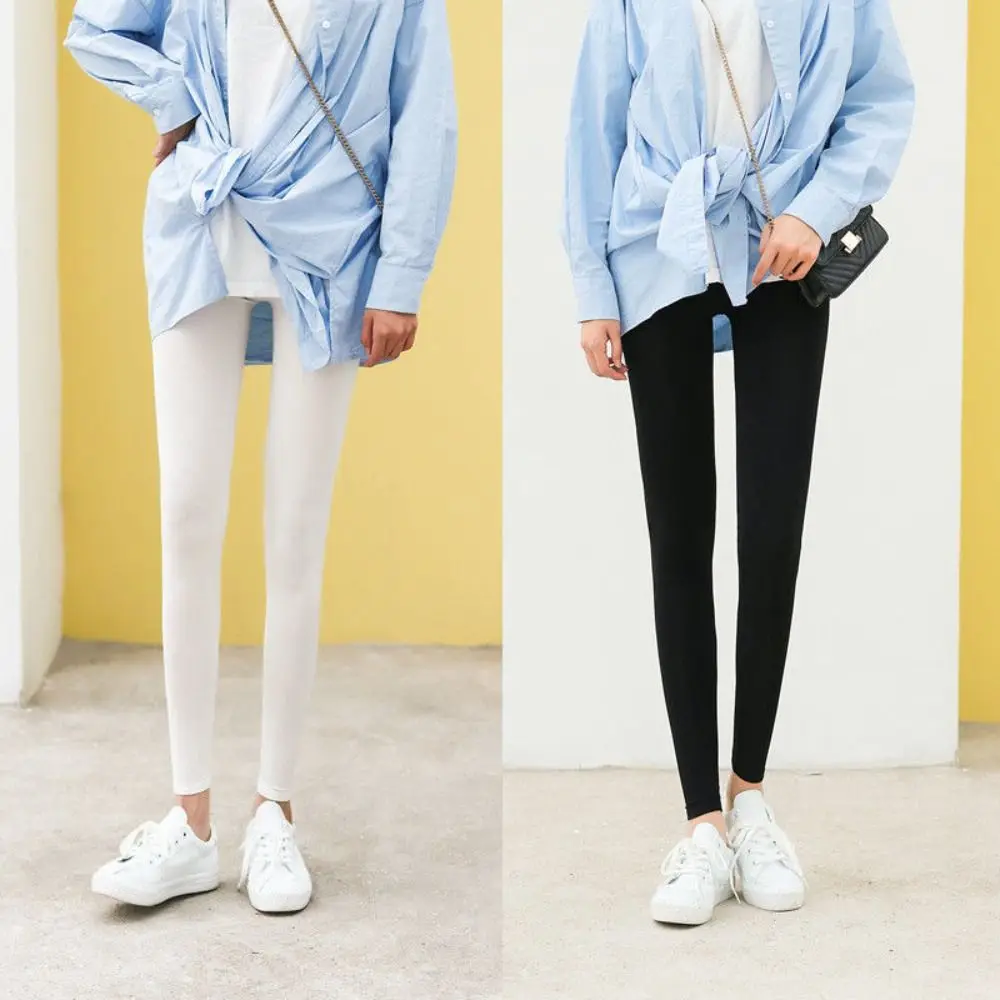 กางเกงขายาวผู้หญิงบางทั้งหมดตรงกับสีทึบ Slim ยืด Cropped กางเกงกระชับหน้าท้องกางเกงเอวสูงกางเกงโยคะในร่ม