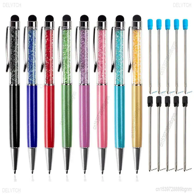 

8Pcs Set 2in1 Crystal Diamond Capacitive Touch Screen Stylus Ballpoint Pen 1.0mm Tip Ball Pen Blue Black Oil Refill Stationery