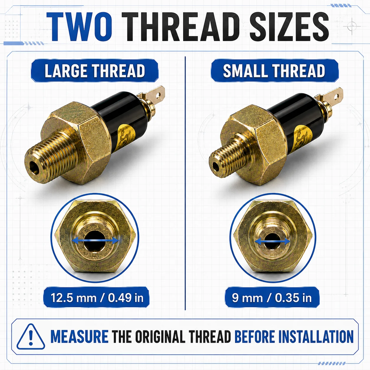 2Pcs Oil Pressure Switch Sensor Set 12.5mm 9mm Thread Single Blade Terminal Automotive Engine Replacement Parts