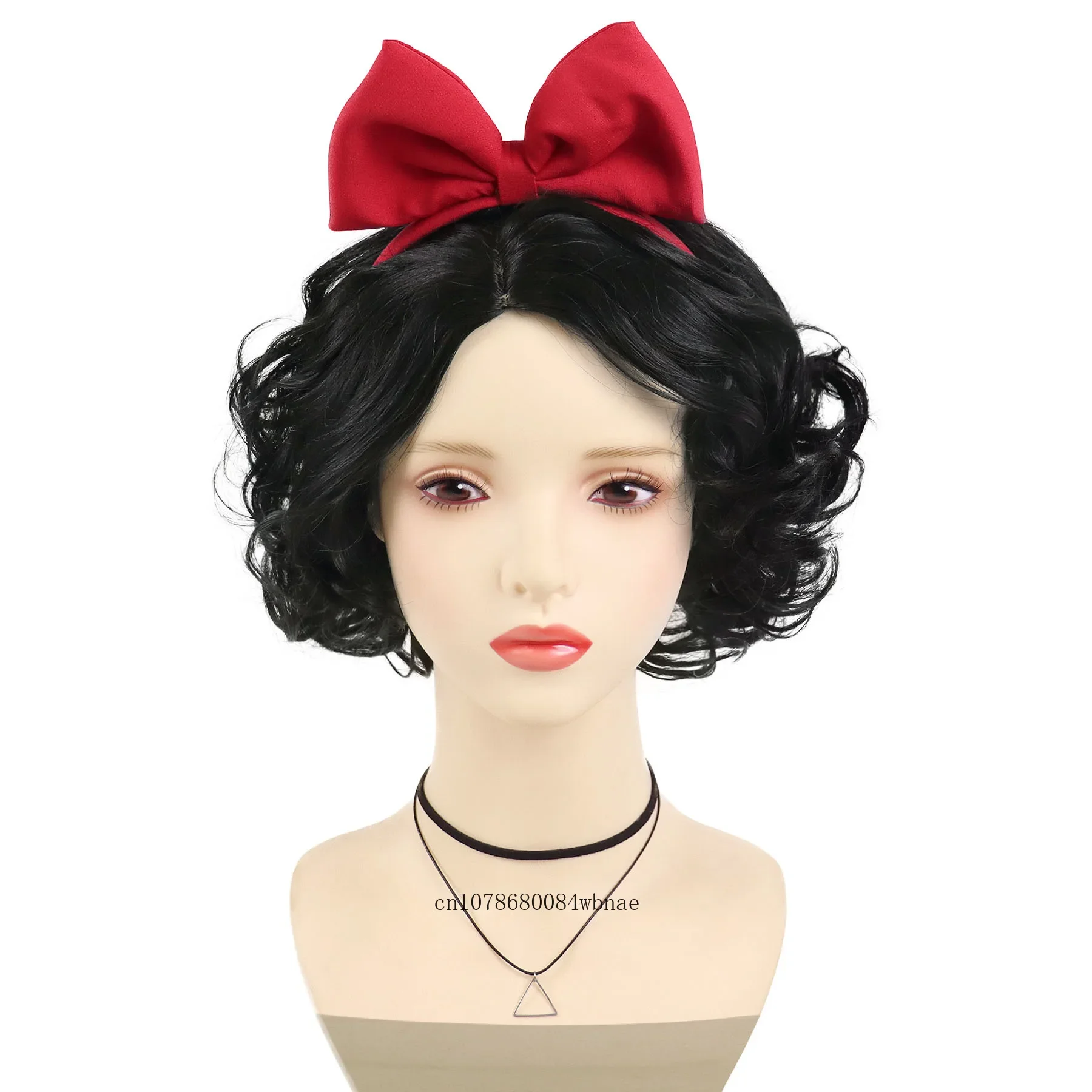 Natural Synthetic Short Bob Curly Black Wig with Red Bow Halloween Cosplay Costume Anime Party Princess Wigs for Women Girls