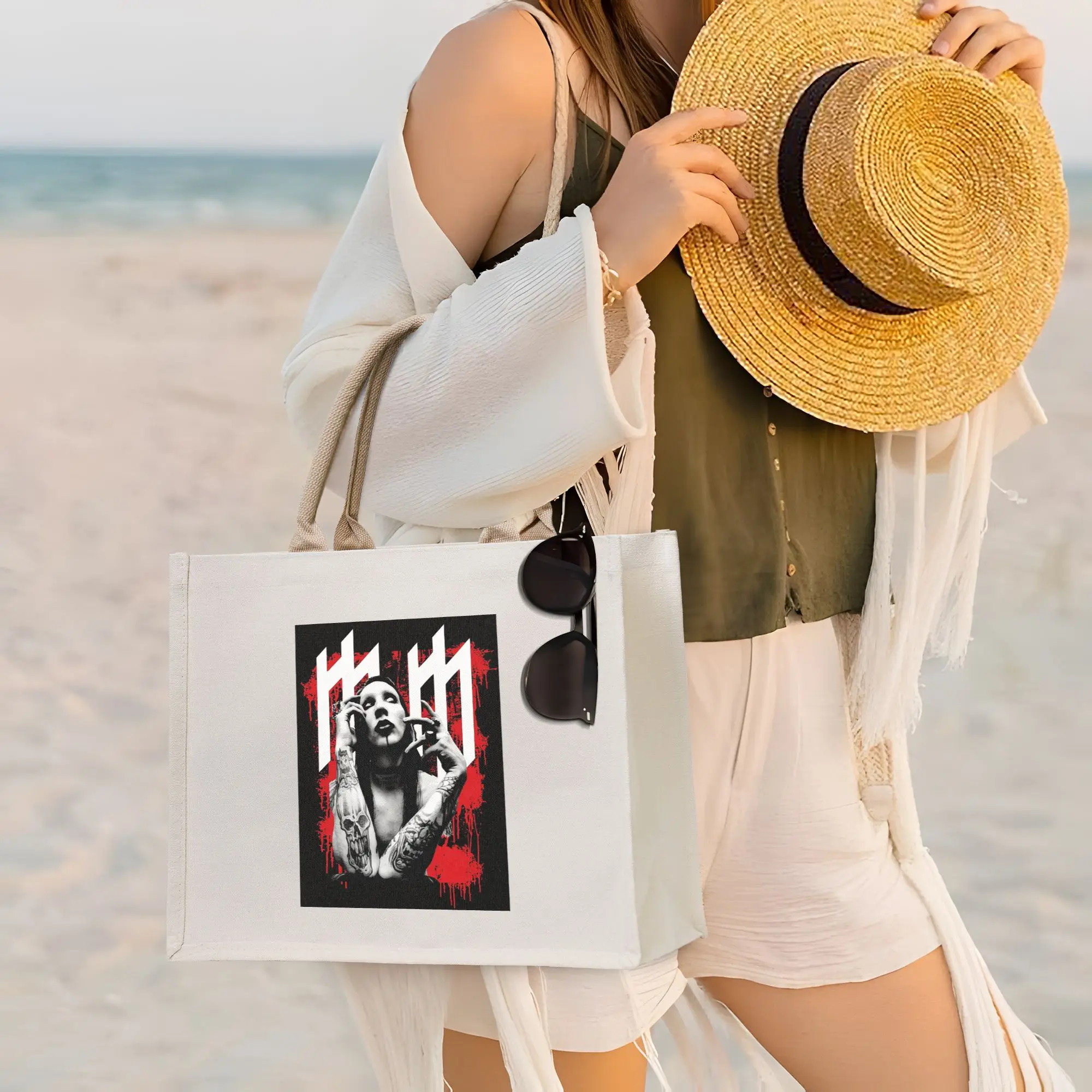 

Сумка-шоппер из холщовой ткани с принтом Мэрилин Мэнсон Glitch, складная, для женщин, на плечо, дорожная сумка-тоут