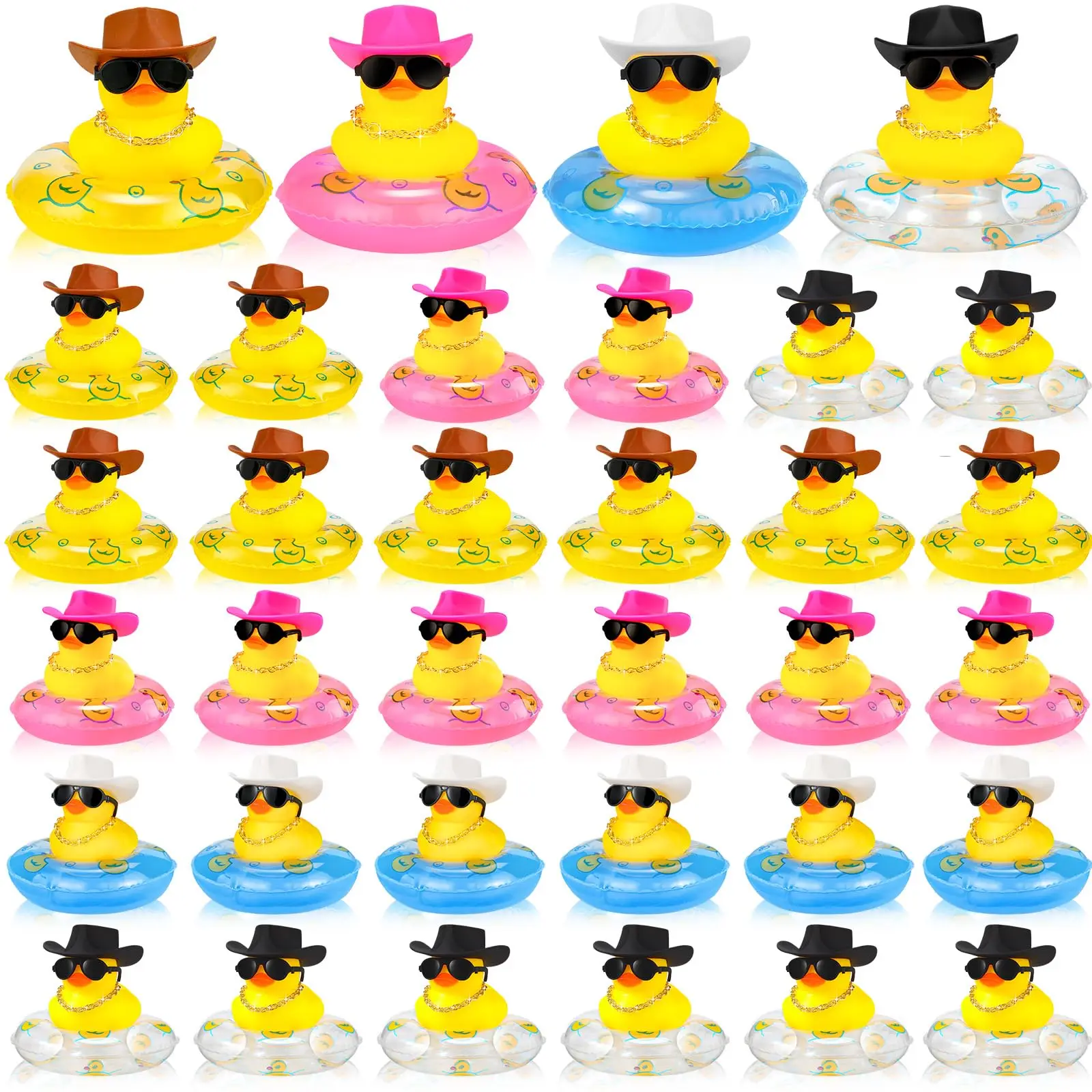 

24 sets Summer Rubber Duck Mini Yellow Duck Bath Toy Car Dashboard Decor with Mini Sun Hat Swim Ring Necklace and Sunglasse kid