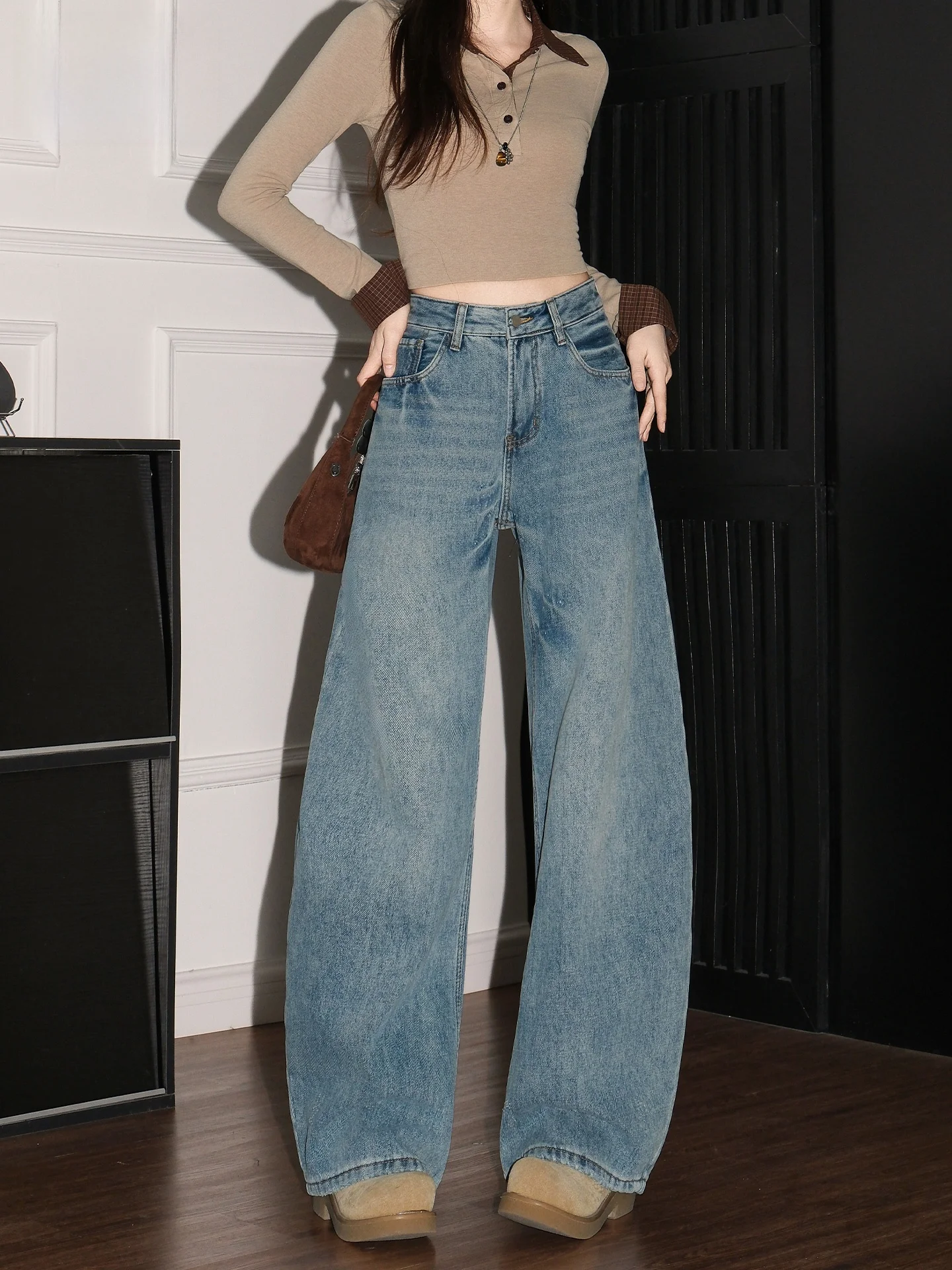 

Retro Blue American Wide Leg Denim Jeans Women's New 2026 Summer Loose Slimming Floor-Length Knife Casual High Waist