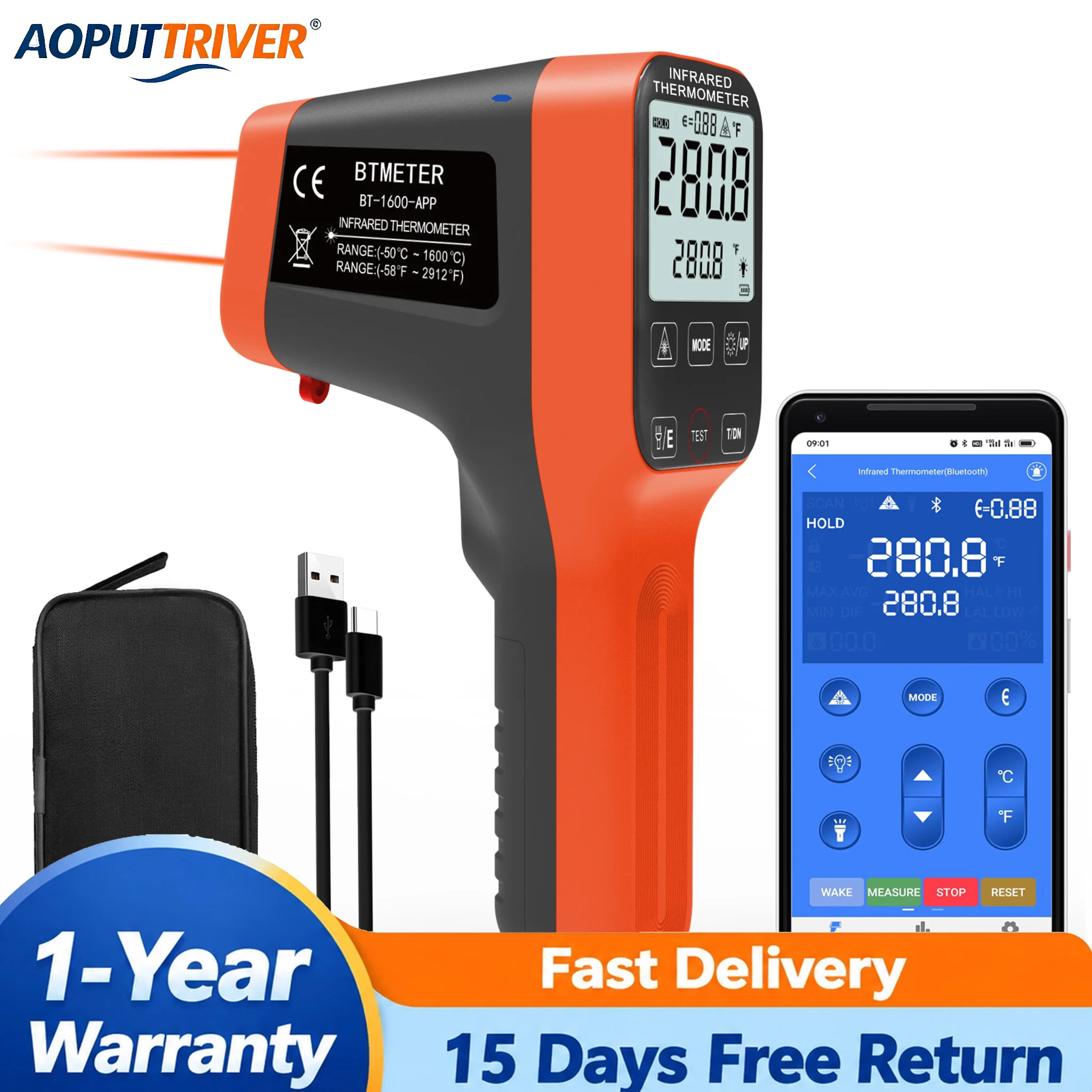 30:1 Dual Laser Infrared Thermometer -50~1600℃ Rechargeable Industrial Pyrometer Non-Contact Temperature Gun with 7 Modes