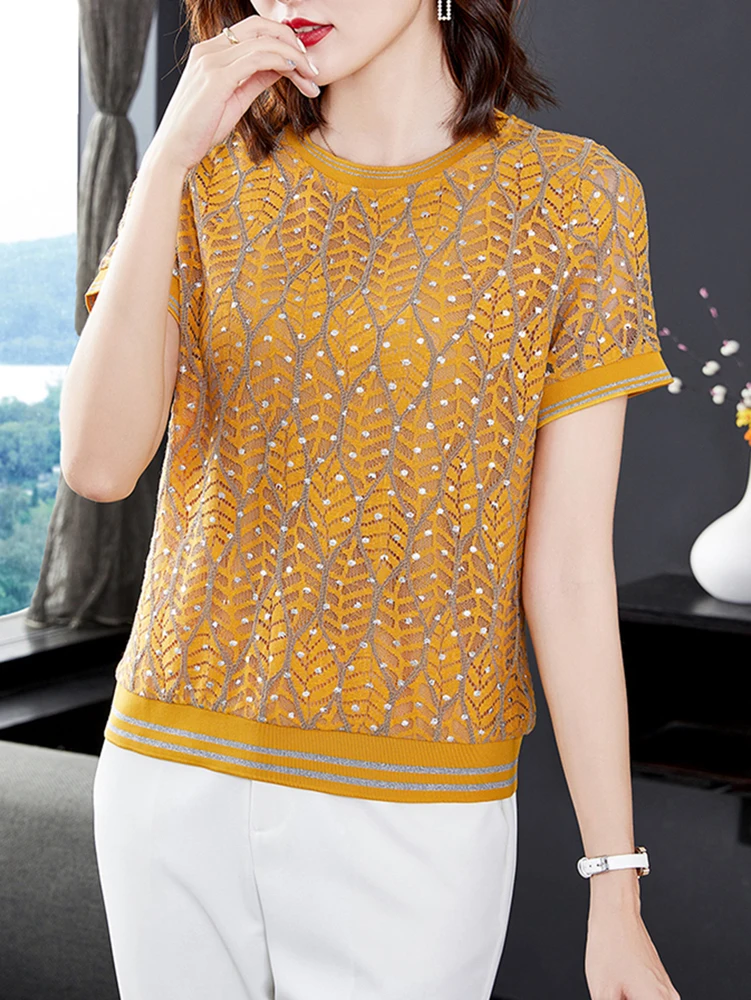 

Ropa De Mujer 2023 Summer Woman Clothes Yellow T Shirt Women Fashion O Neck Loose Lace Short Sleeve Tops Female Tee Shirt Femme