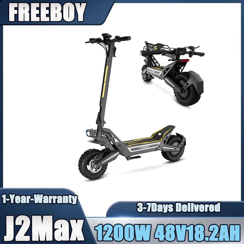 Monopattino elettrico FREEBOY J2Max, motore potente da 1200 W, batteria a lunga durata da 48 V e 18,2 Ah, freni a doppio disco, pneumatici adatti per l’uso in città e per le avventure all’aperto.