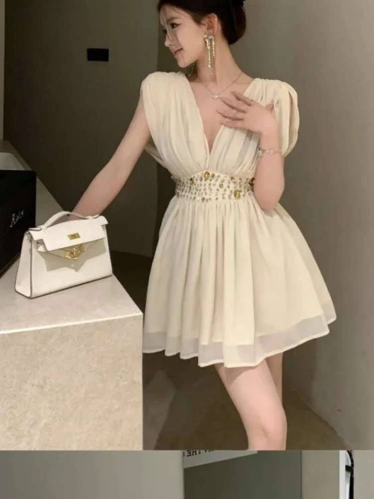 Party Sexy Dress Women Diamonds V Neck Sleeveless Waist Slim Fit Chiffon Mini Dresses Temperament Y2k Evening Vestidos