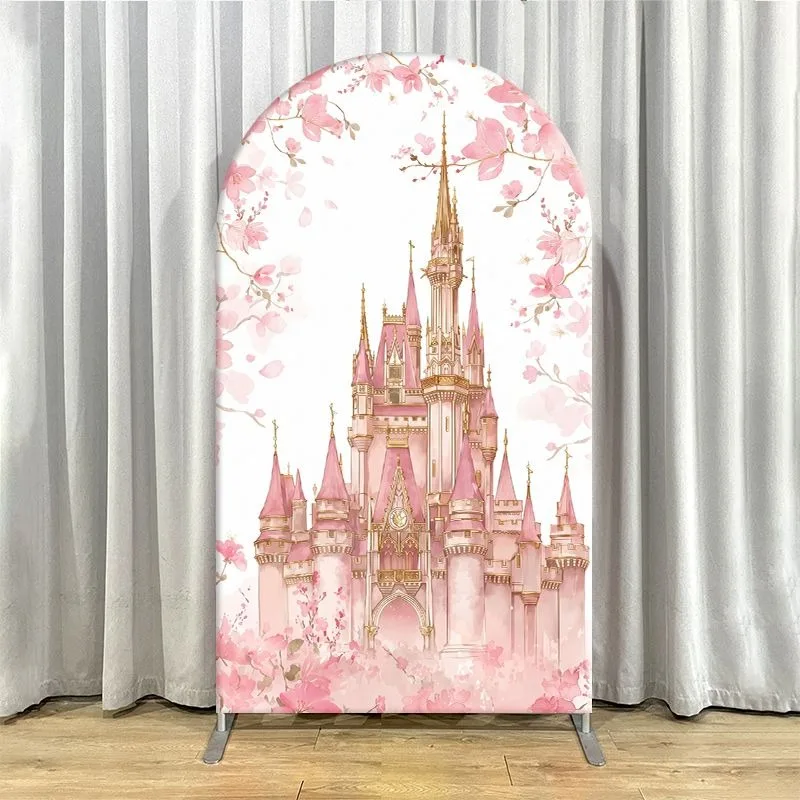 Single Side Arch Backdrop Cover Elegant Pink Castle Themed Party Backdrop Set Featuring Ornate Golden Frame with Carriage