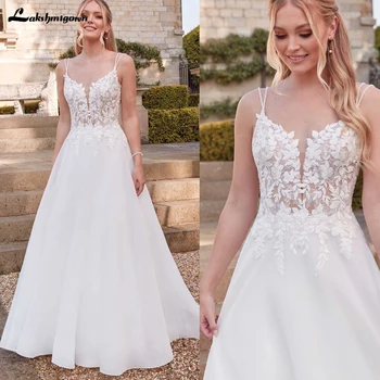 Lakshmigown-花嫁のためのヴィンテージのウェディングドレス,スパテッティストラップ,Vネック,レースの錯覚,アップリケ,カスタマイズされたドレス