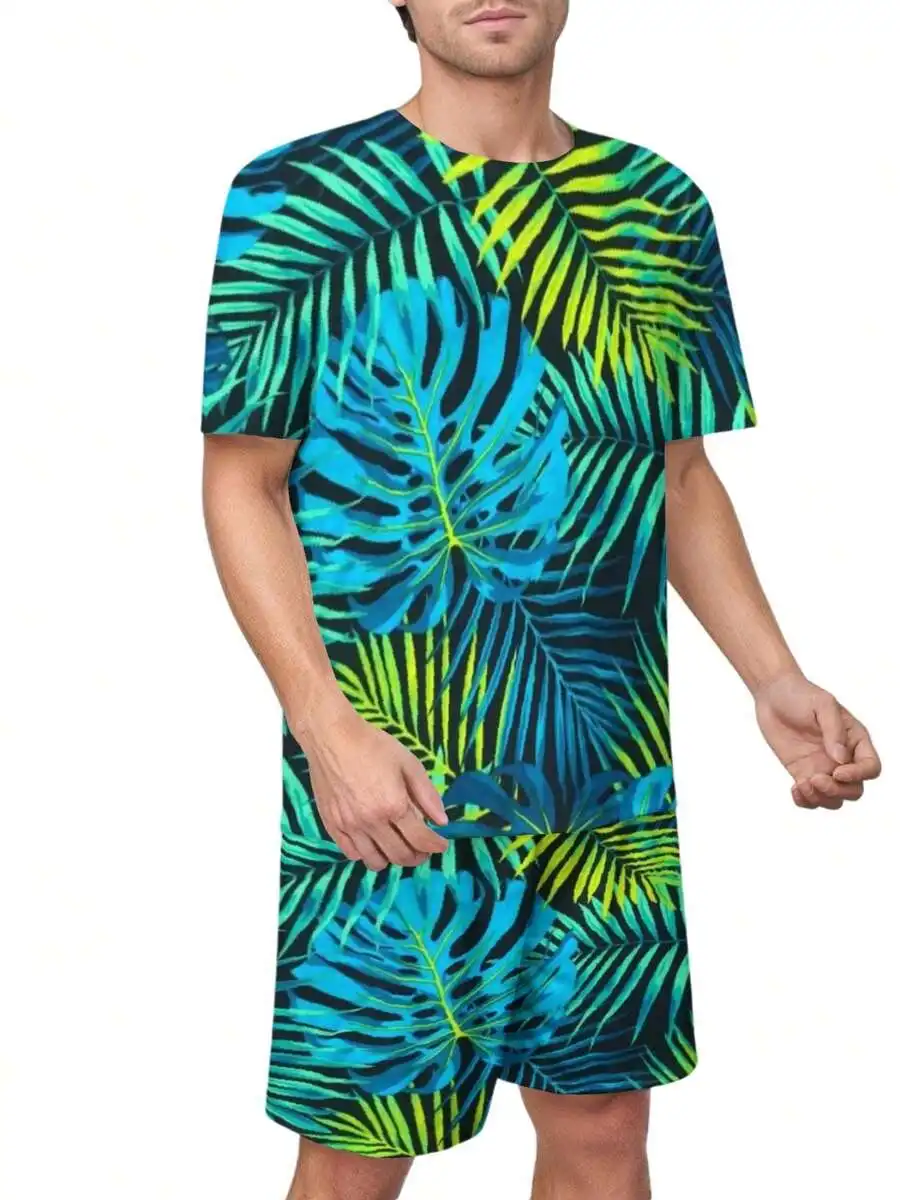 

Mens Tropical Leaf Print Short Sleeve T-Shirt And Shorts Set Blue Green Monstera Palm Casual Summer Beach Party