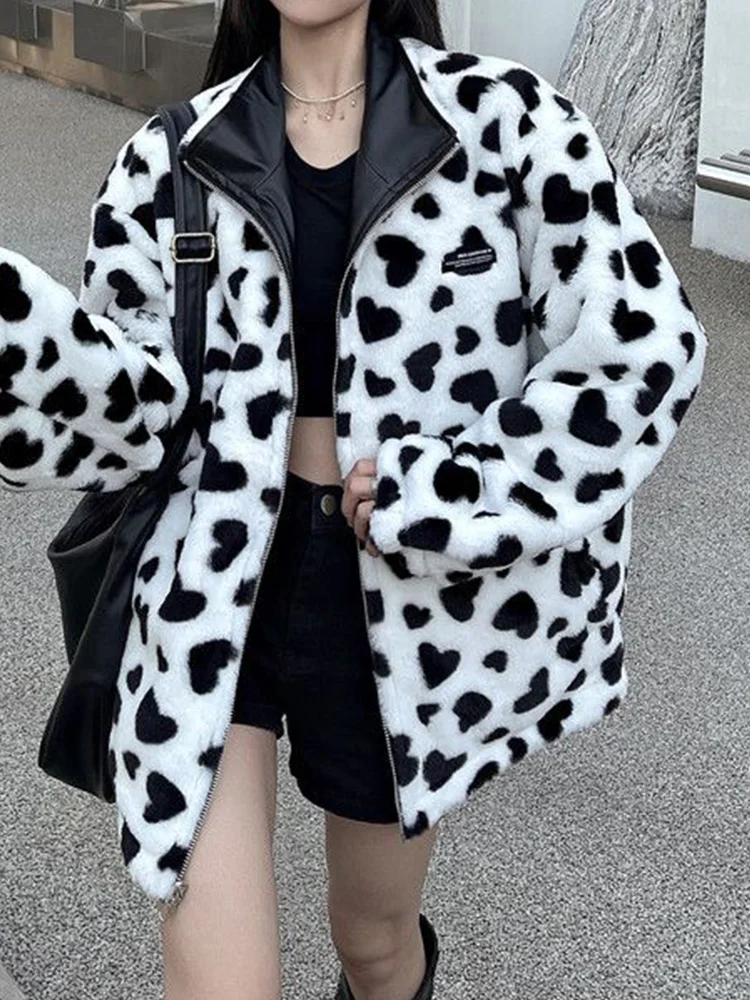 Mulheres reversível retro jaqueta de couro do plutônio grosso quente amor casaco casual streetwear moda outono inverno novas roupas femininas