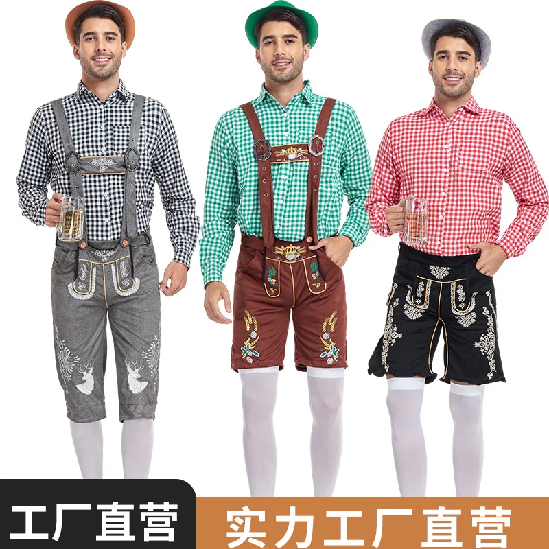 

Three-Piece Set Oktoberfest Lederhosen Costume for Men Bavarian German Beer Festivals Suspenders Shirt Hat Male Cosplay Costumes