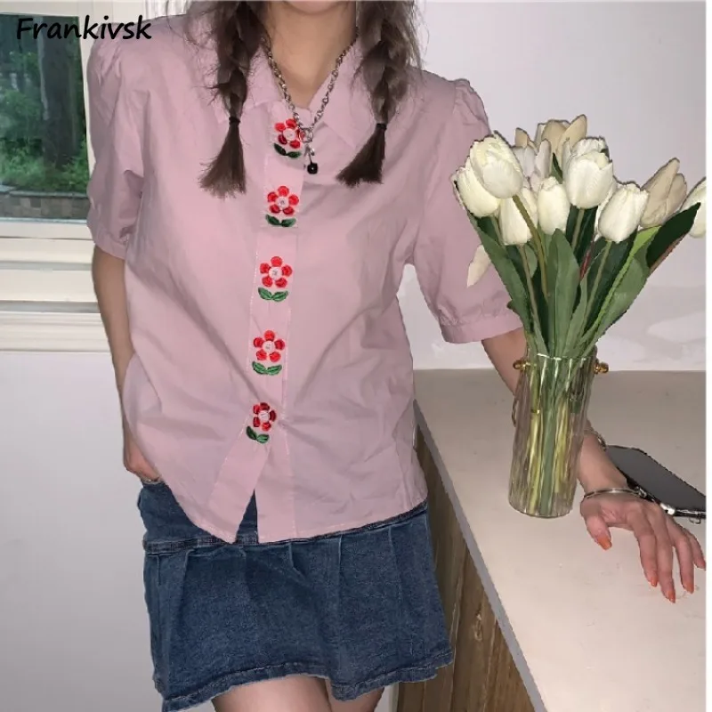 

Shirts Women Embroidery Floral Vintage French Style Summer Sweet Aesthetic Gentle Half Sleeve Students Daily All-match Popular