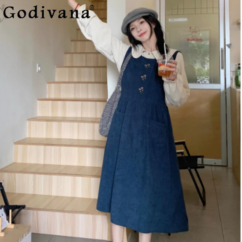 

Осень-зима плюс размер женская милая вельветовая рубашка с воротником Питера Пэна модное универсальное студенческое платье-жилет с высокой талией и вышивкой