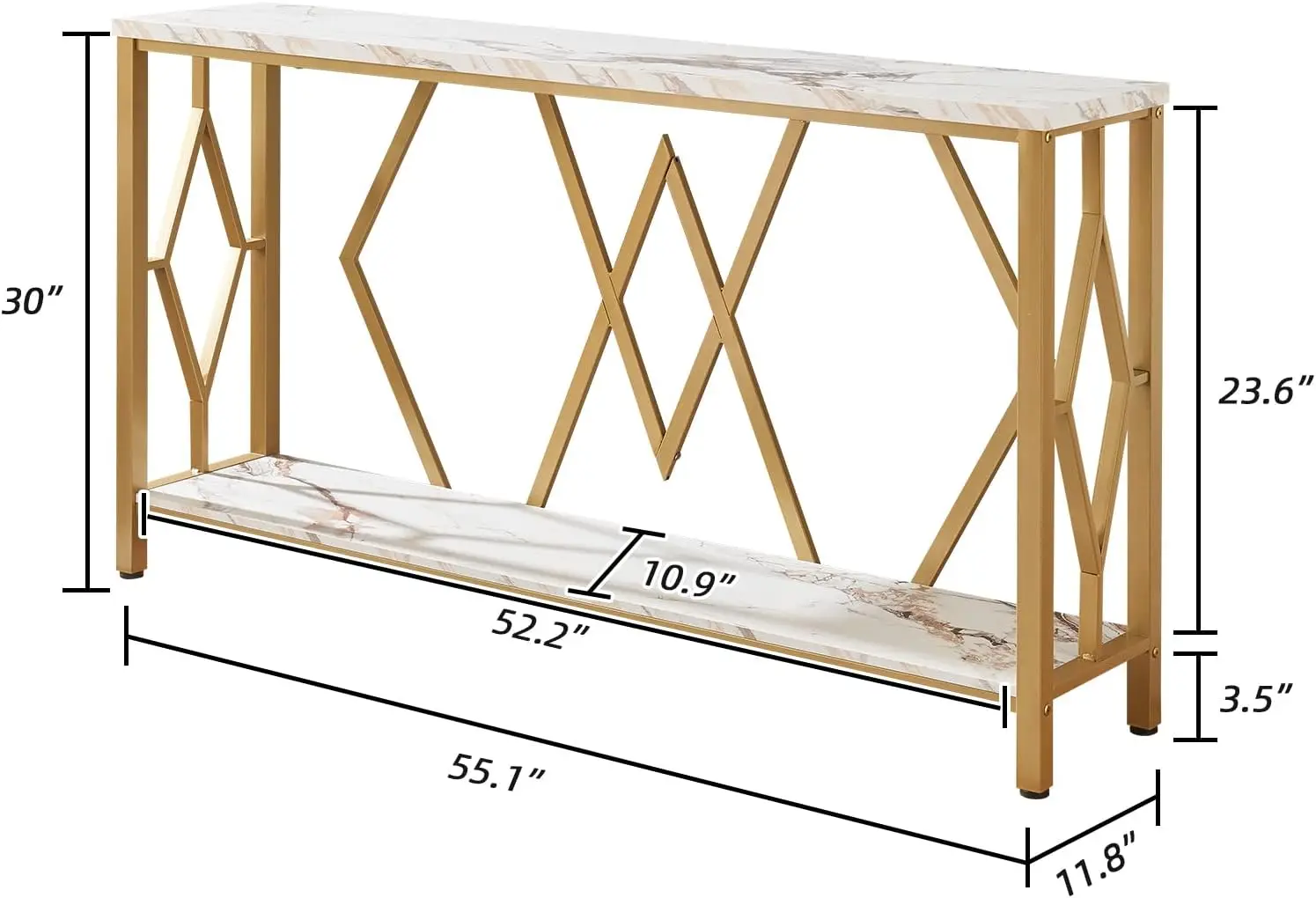 HOMISSUE 55 Inch Modern Entryway Console Table, White & Gold Faux Marble Top Engineered Wood Sofa Table with 2-Tier Open Storage