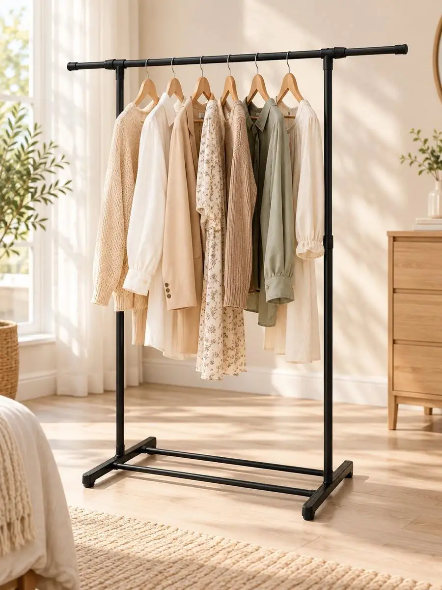Black Multi-Functional Minimalist Freestanding Adjustable Clothing Rack With Expandable Hanging Rod, Minimalist Freestanding Gar