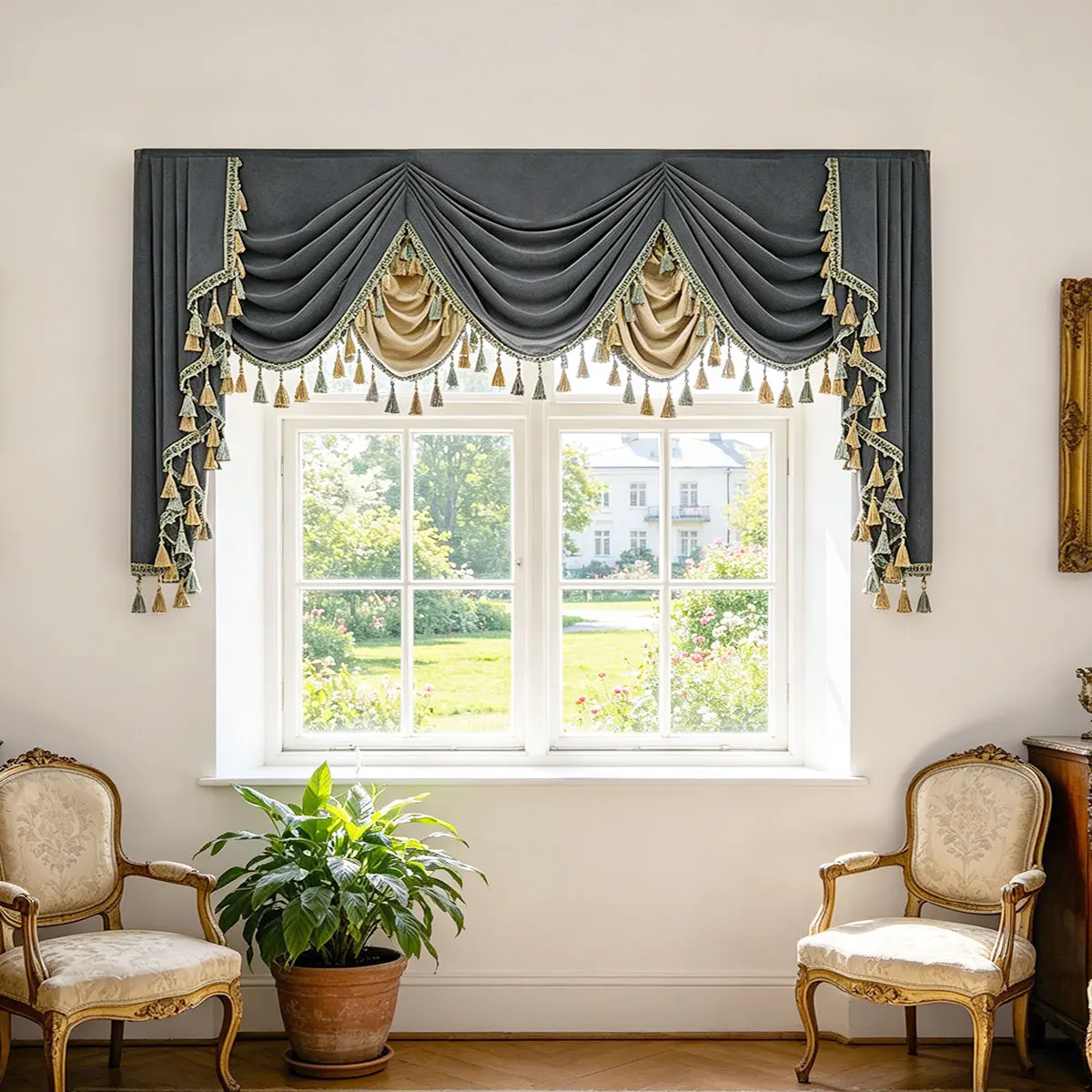 Dark Gray Velvet Swag Valance with Two-Tone Tassel Fringe, Vintage European Pleated Window Top Curtain, Luxury Decorative Drape Valance for Villa Living Room Bedroom