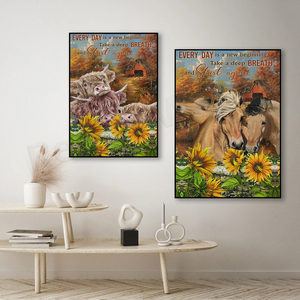 

fjord horse, highland cow every day is a new start canvas fjord horse, highland cow lover poster birthday gift