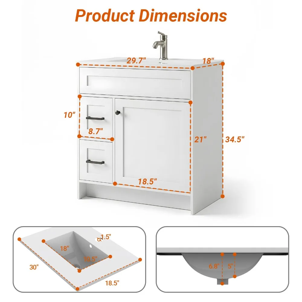 30 Inch Freestanding Bathroom Vanity with Sink, Shaker Style White Cabinet with 2 Drawers & Single Door, Waterproof