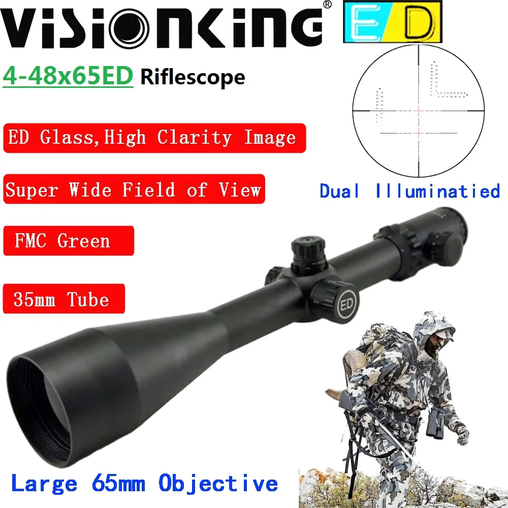 Visionking 4-48x65ED Professional Hunting Riflescope Wide Field Of View Shockproof W/ Mount Rings&Sunshade Hoods Optical Sight