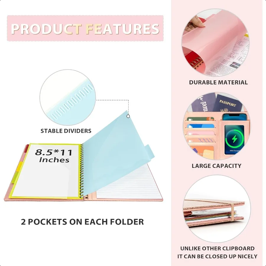 حافظة مع مساحة تخزين للرجال والنساء منظم محفظة Padfolio من الجلد 5 مجلدات مع 10 جيوب حافظة حلزونية مع