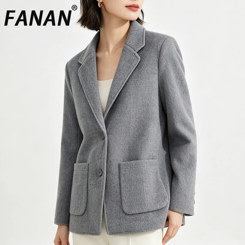 FANAN Women Gray Notched Lapel Wool Blazer Long Sleeve Single Breasted Patch Pockets Loose Elegant Office Woolen Suit Jacket