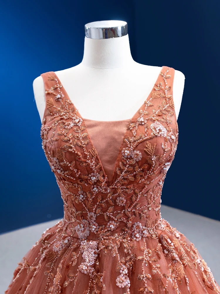 Brown Ball Gown Sleeveless 3D Lace Flowers Quinceanera Dress V-neckline Corset Sweet 16 Dress  Lace-up Vestido 15 Anos QE22291