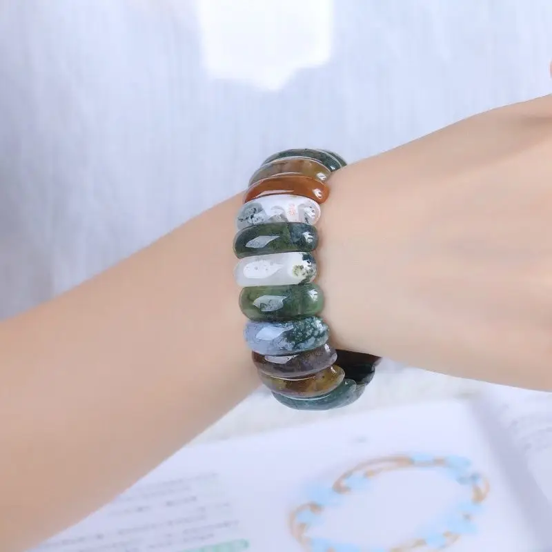 Natural ice-through agate, hand row, moss, chalcedony, hand bracelet, couple bracelet, agate jewelry.