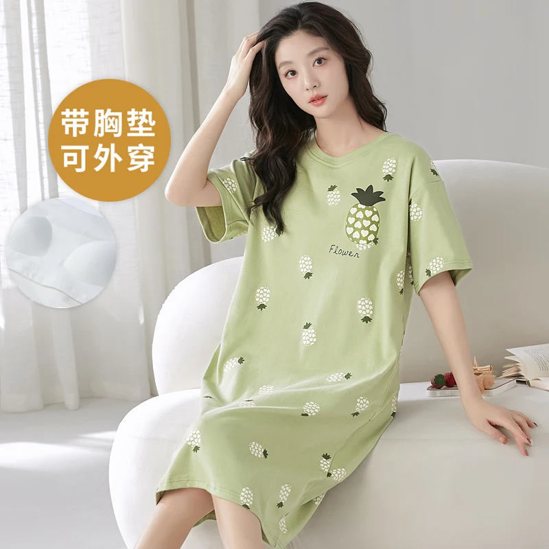 2Pcs/set Cotton Short-sleeved Pineapple Nightdress Summer women's pajamas Young Girl student nightgown night dress women