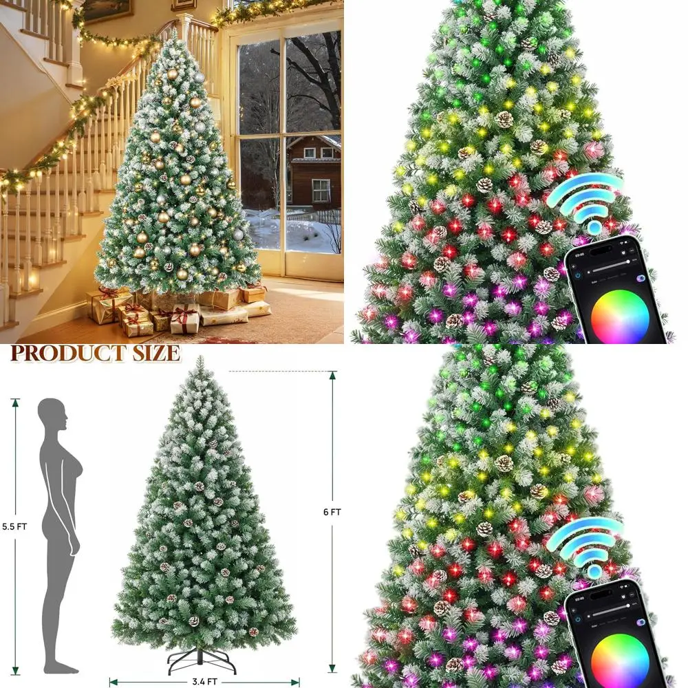 

6ft Pre-lit Christmas Tree with 250 RGBW LED Lights, Flocked Tips, 58 Pine Cones, Metal Base, for Home & Parties