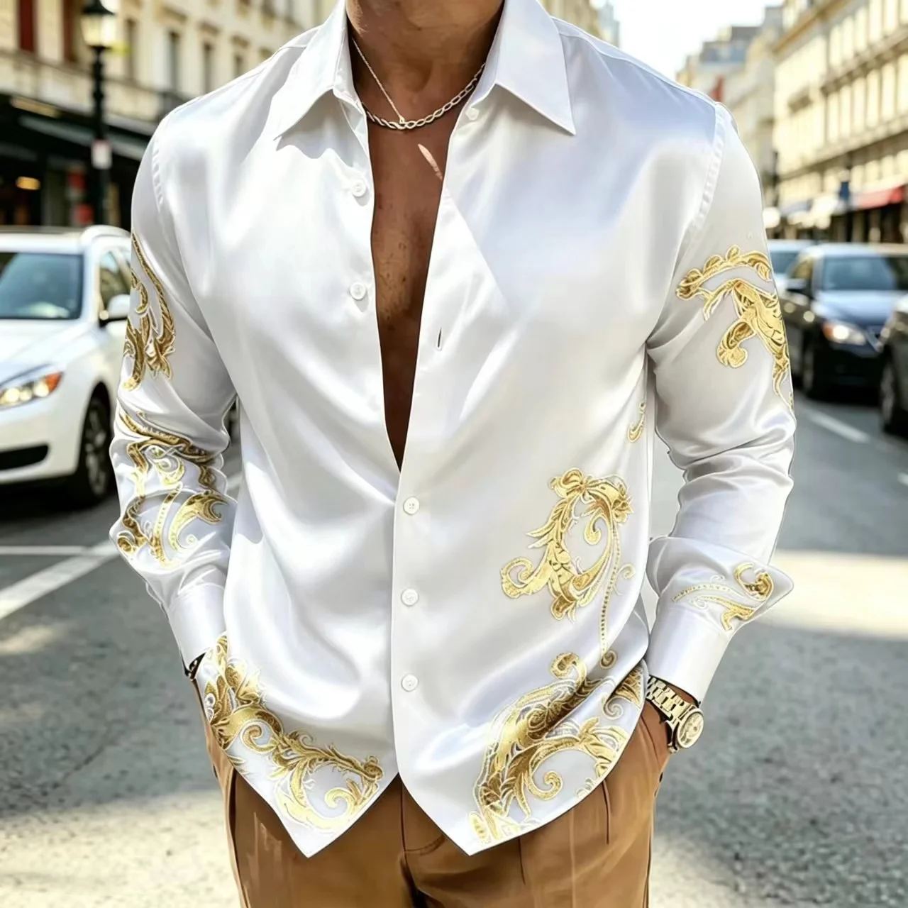 Men's Long Sleeve Satin Shirt in Luxurious 16 Color Baroque Print, Casual Button Up Shirt for Party, Business, Prom and Streetwe
