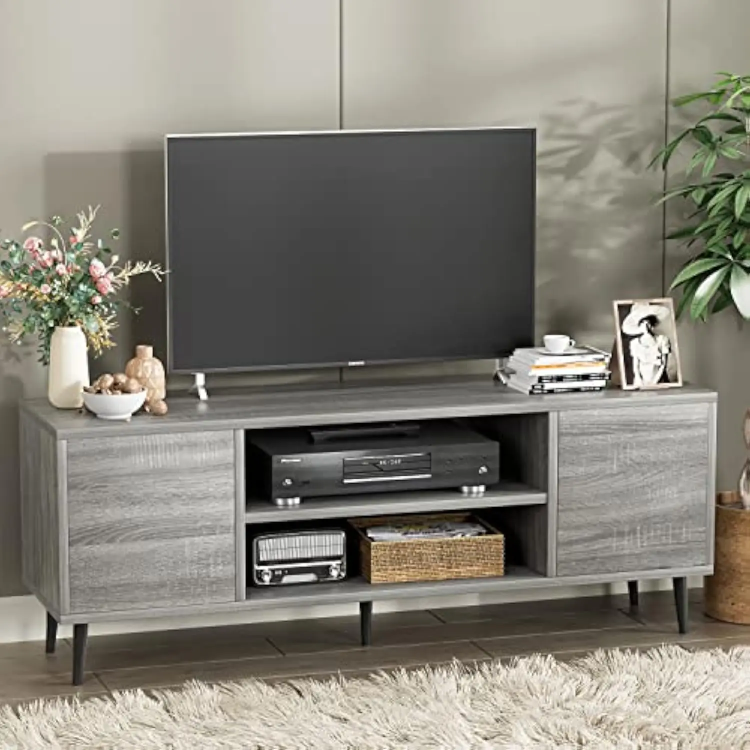 

Modern TV Stand for 65 Television, Entertainment Center with Storage Cabinets and Open Shelves, Retro Style Media Console for