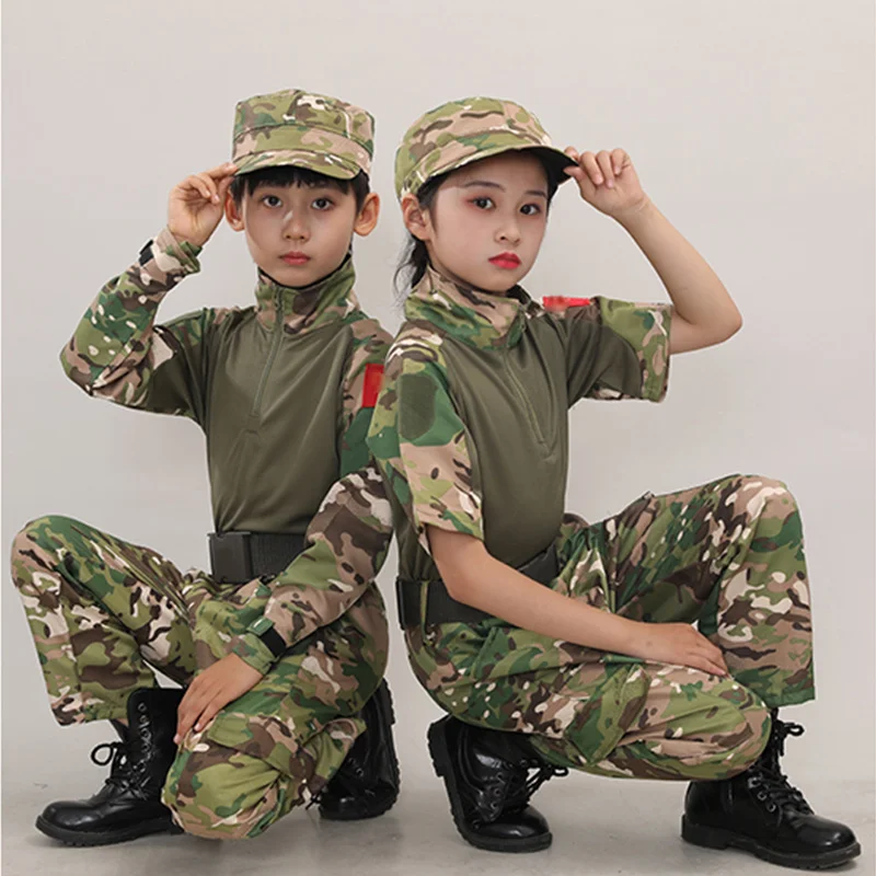 Camuflagem uniformes militares para crianças, roupas infantis, menino e menina treino, terno de acampamento ao ar livre, caça e fitness tracing