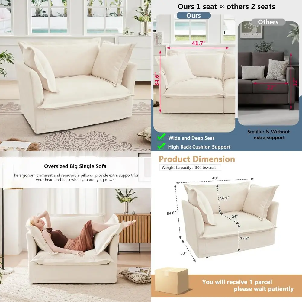 Large Modular Sectional Sofa with Chenille Fabric and Plush Deep Seating, Featuring Oversized Single Armchair and Extra Pillows